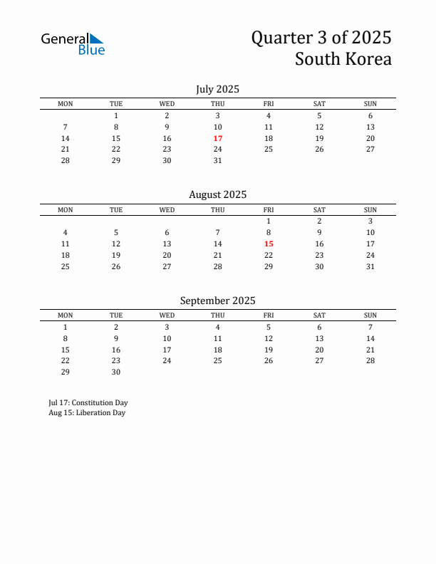 Quarter 3 2025 South Korea Quarterly Calendar