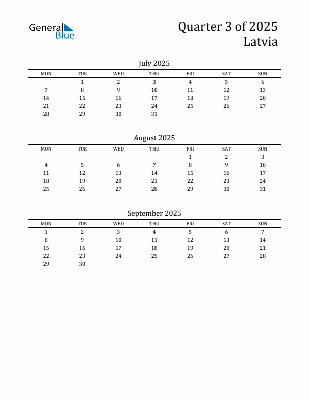 Quarter 3 2025 Latvia Quarterly Calendar