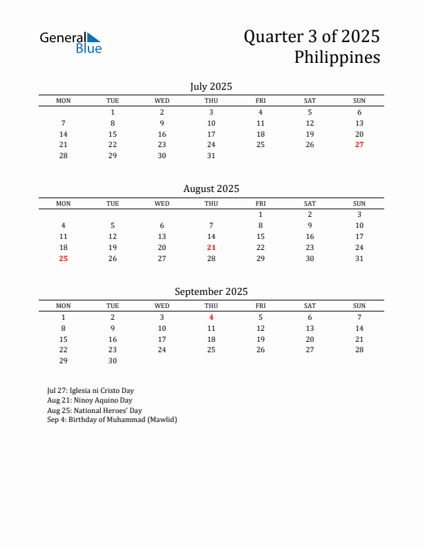 Quarter 3 2025 Philippines Quarterly Calendar