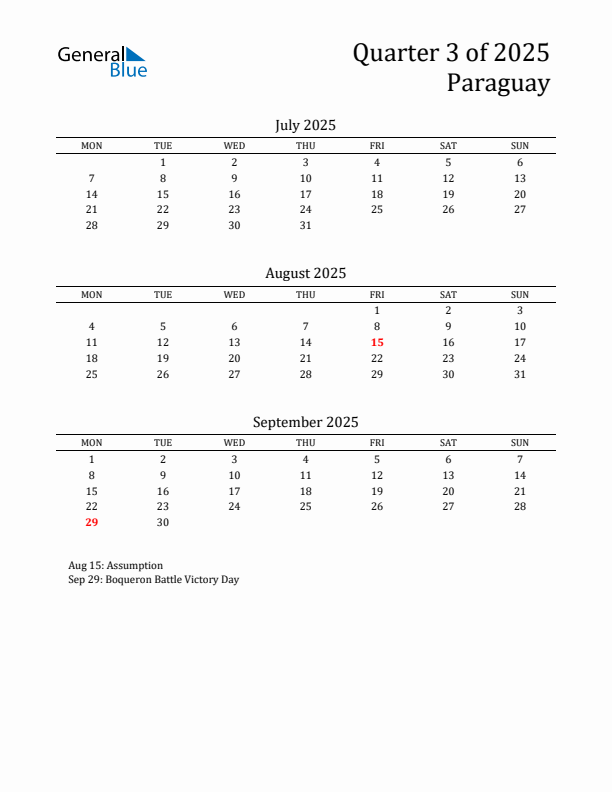 Quarter 3 2025 Paraguay Quarterly Calendar