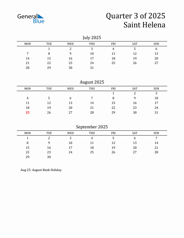 Quarter 3 2025 Saint Helena Quarterly Calendar