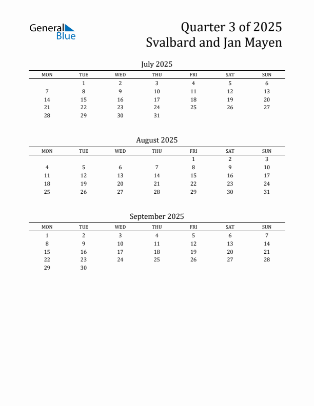 Quarter 3 2025 Svalbard and Jan Mayen Quarterly Calendar