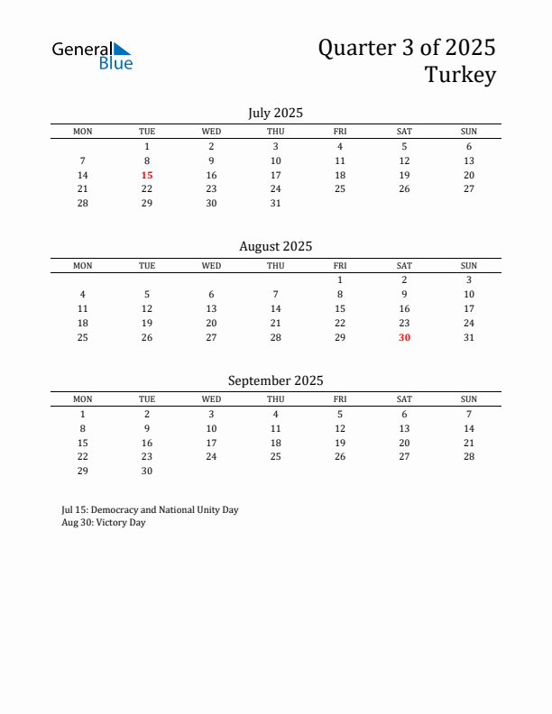 Quarter 3 2025 Turkey Quarterly Calendar