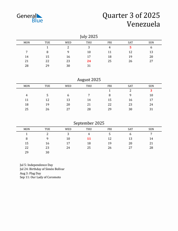 Quarter 3 2025 Venezuela Quarterly Calendar