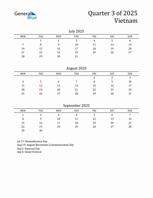 Quarter 3 2025 Vietnam Quarterly Calendar