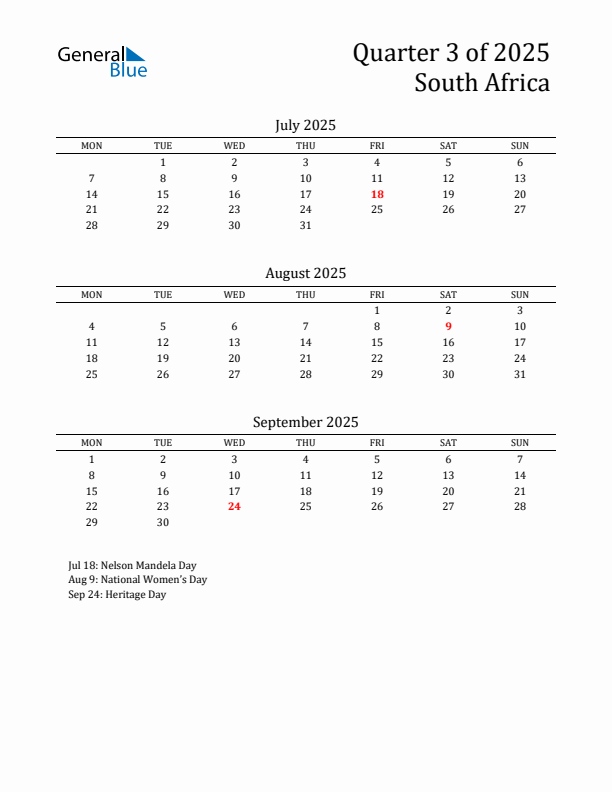 Quarter 3 2025 South Africa Quarterly Calendar