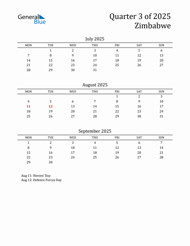 Quarter 3 2025 Zimbabwe Quarterly Calendar