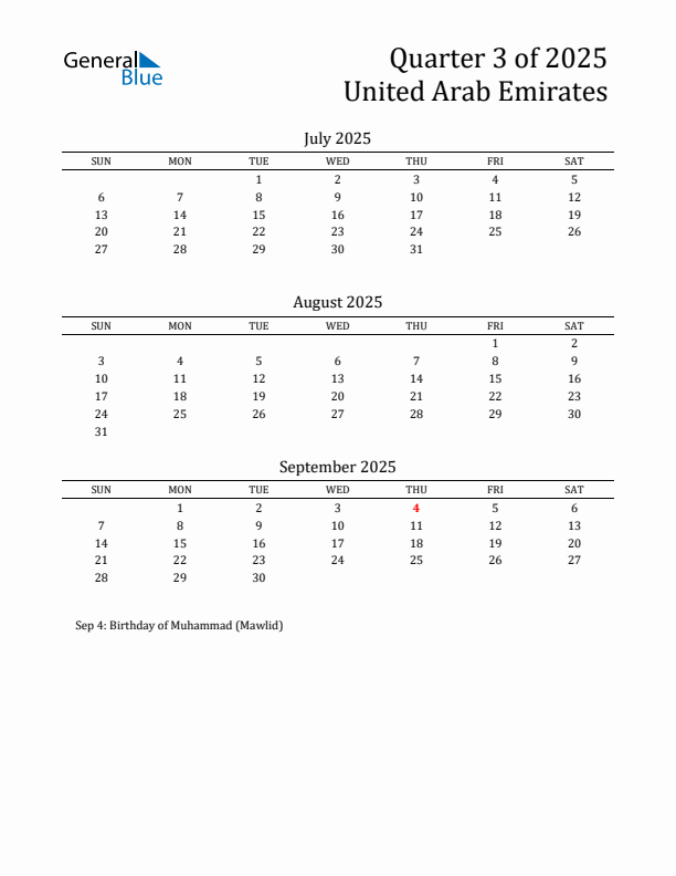 Quarter 3 2025 United Arab Emirates Quarterly Calendar