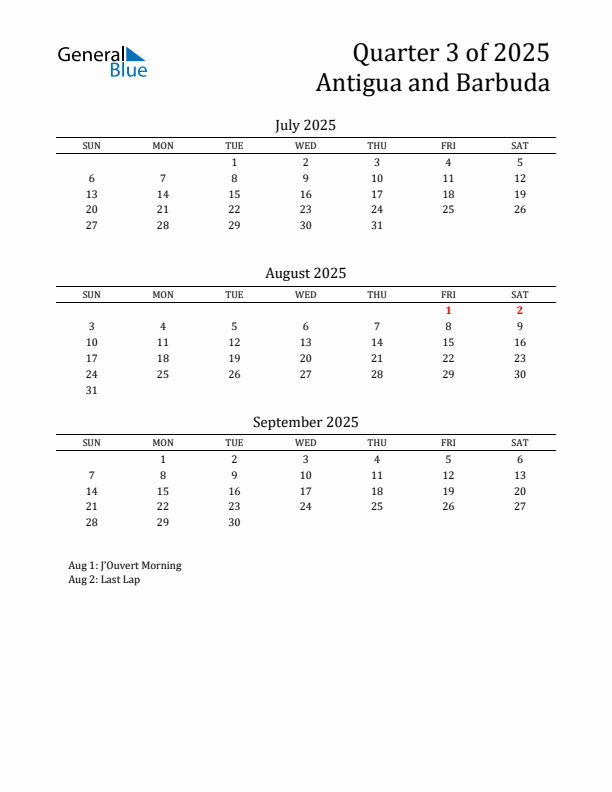 Quarter 3 2025 Antigua and Barbuda Quarterly Calendar