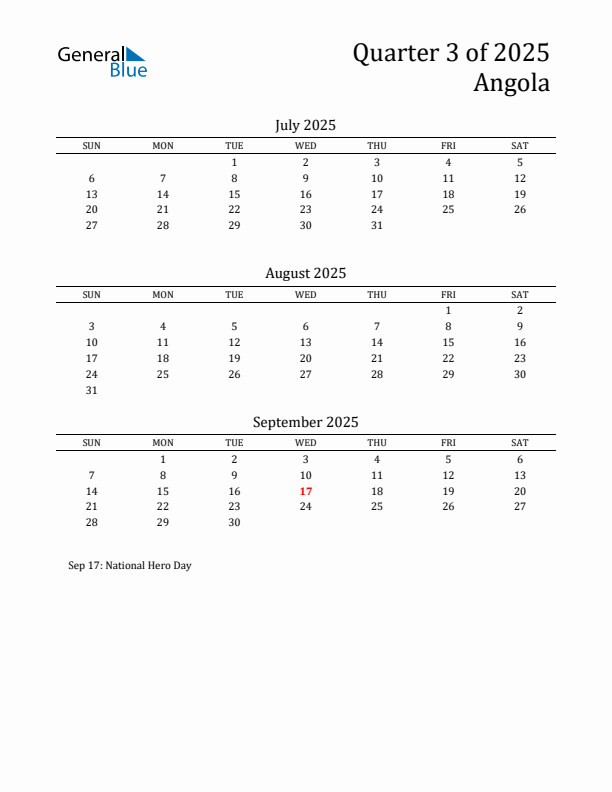 Quarter 3 2025 Angola Quarterly Calendar