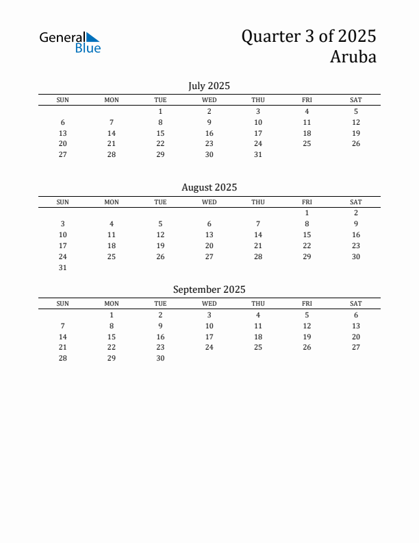 Quarter 3 2025 Aruba Quarterly Calendar