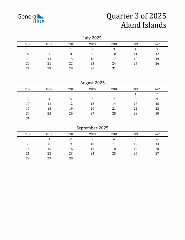 Quarter 3 2025 Aland Islands Quarterly Calendar