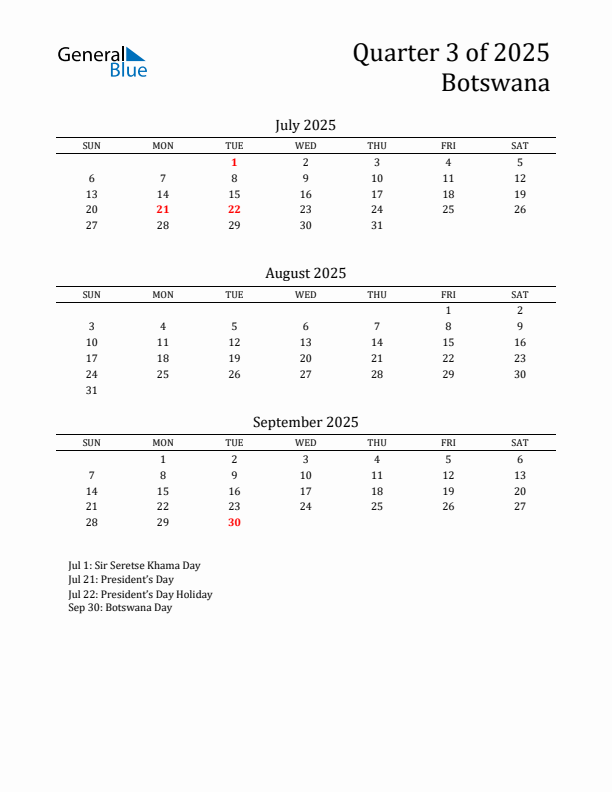 Quarter 3 2025 Botswana Quarterly Calendar