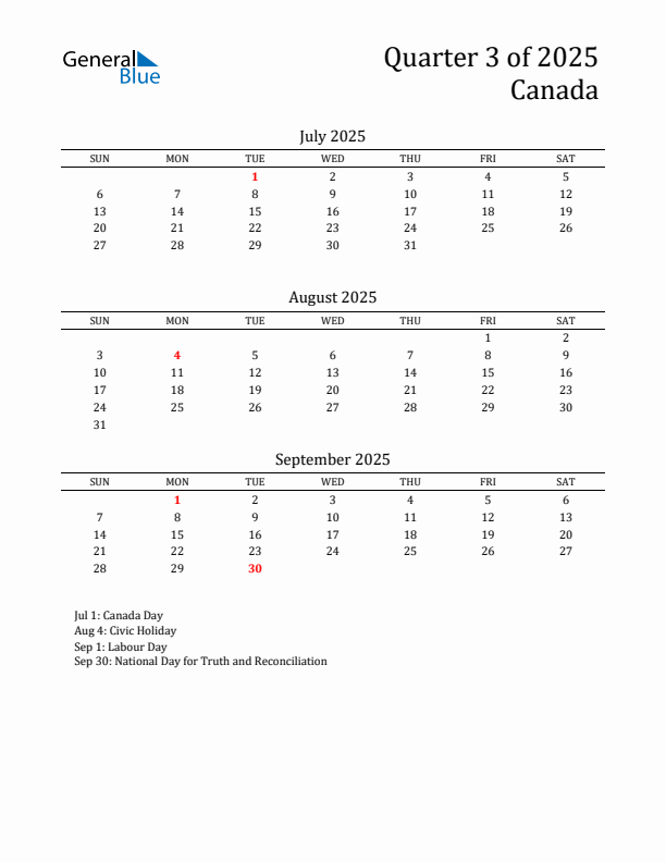 Quarter 3 2025 Canada Quarterly Calendar