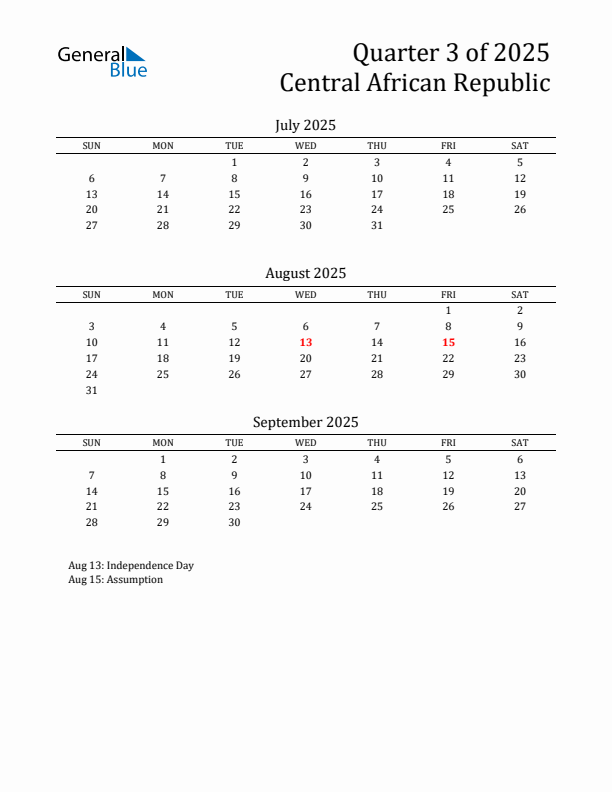 Quarter 3 2025 Central African Republic Quarterly Calendar