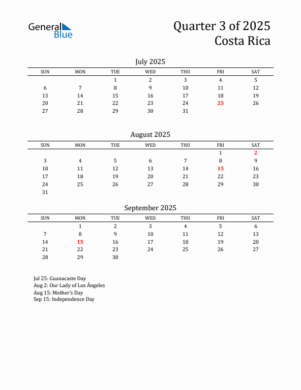 Quarter 3 2025 Costa Rica Quarterly Calendar