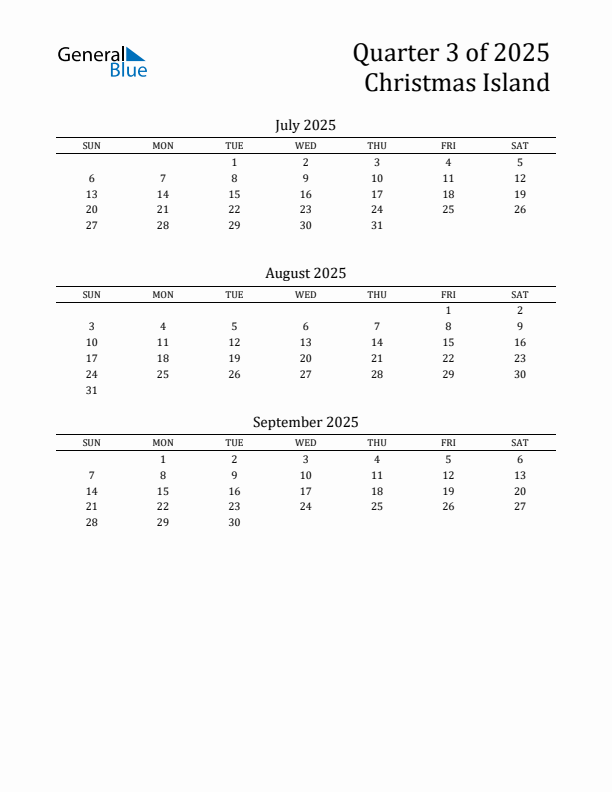 Quarter 3 2025 Christmas Island Quarterly Calendar