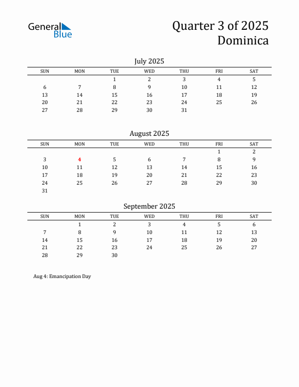 Quarter 3 2025 Dominica Quarterly Calendar