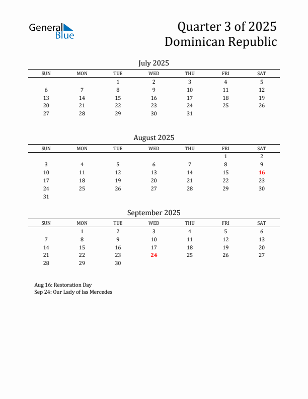 Quarter 3 2025 Dominican Republic Quarterly Calendar