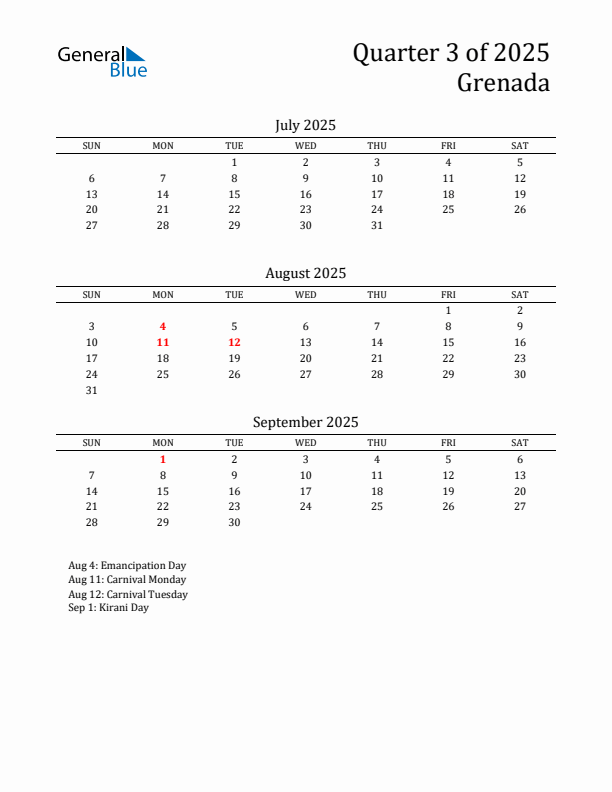 Quarter 3 2025 Grenada Quarterly Calendar