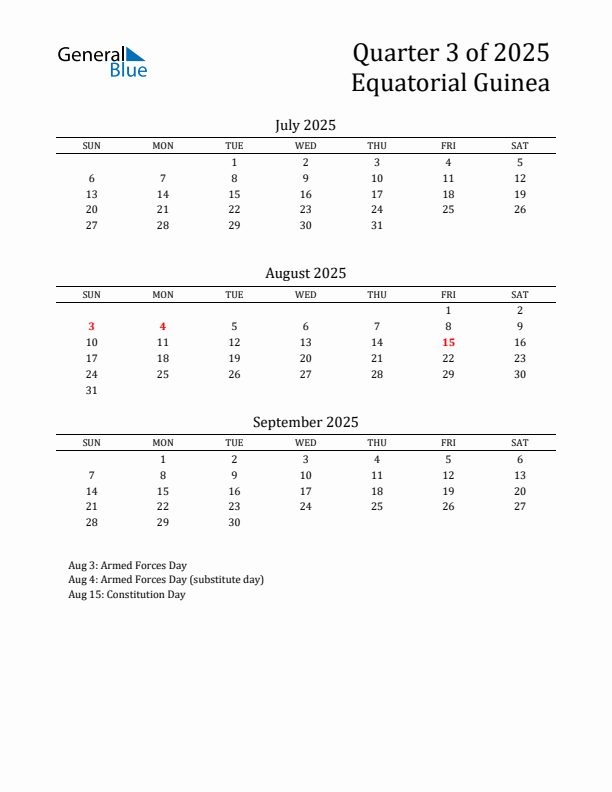Quarter 3 2025 Equatorial Guinea Quarterly Calendar