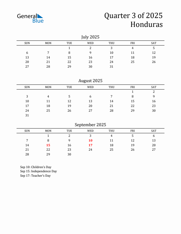 Quarter 3 2025 Honduras Quarterly Calendar