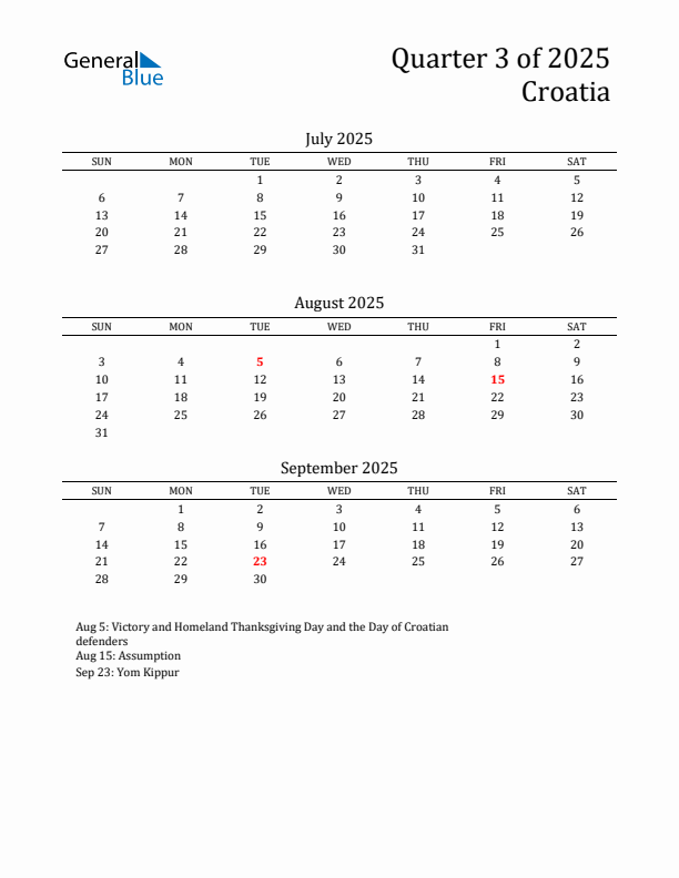 Quarter 3 2025 Croatia Quarterly Calendar