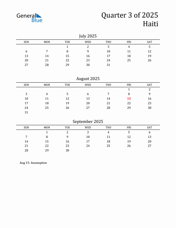 Quarter 3 2025 Haiti Quarterly Calendar