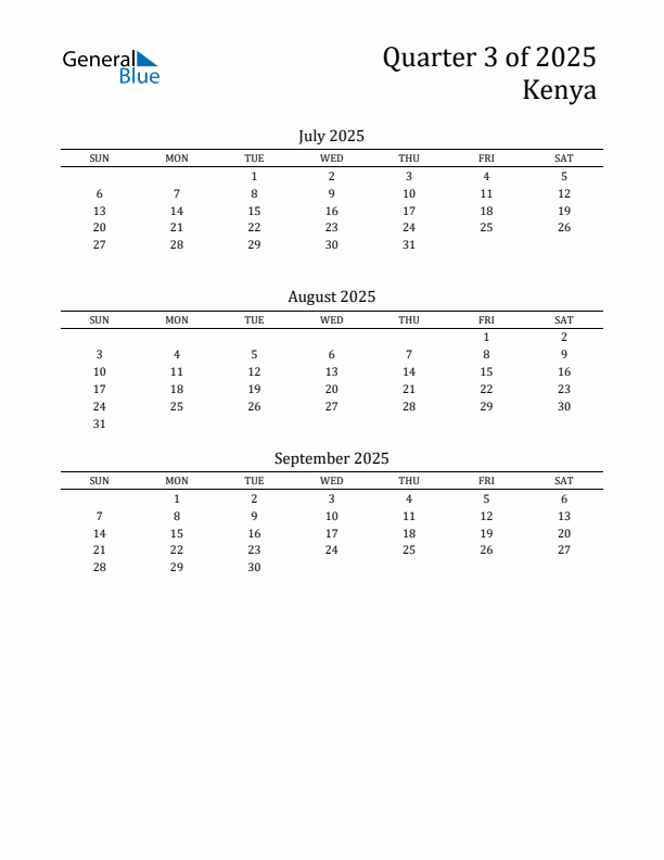 Quarter 3 2025 Kenya Quarterly Calendar