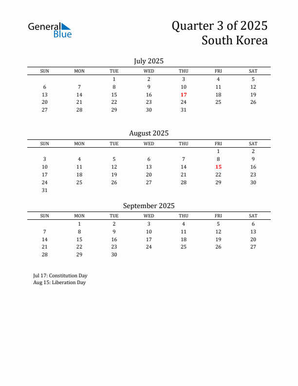 Quarter 3 2025 South Korea Quarterly Calendar