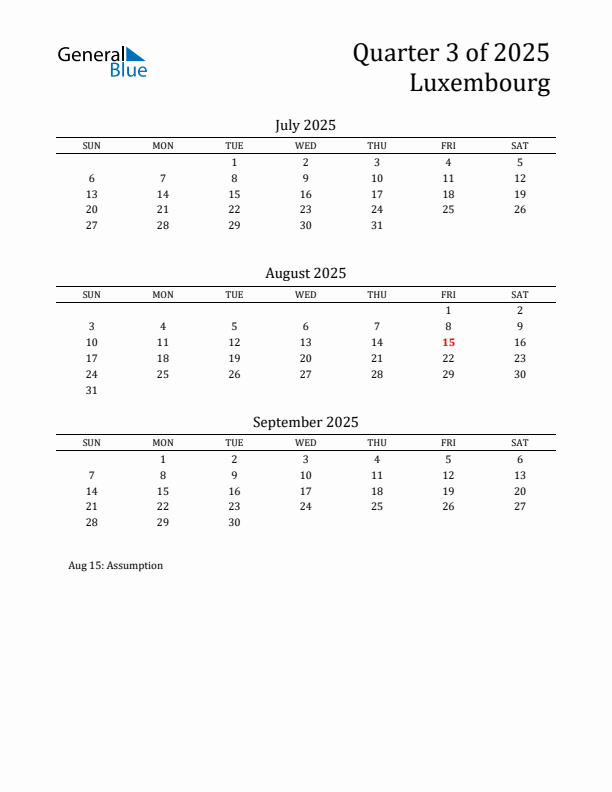 Quarter 3 2025 Luxembourg Quarterly Calendar