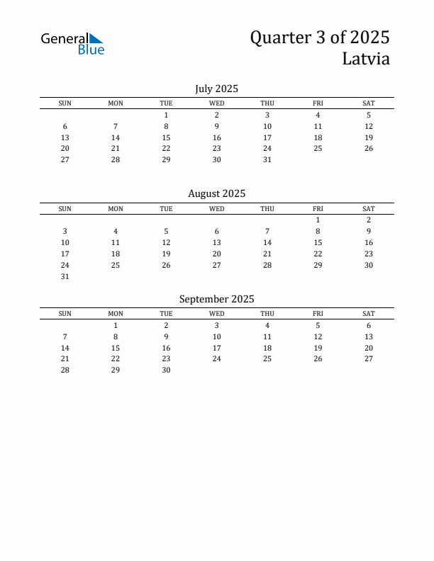 Quarter 3 2025 Latvia Quarterly Calendar