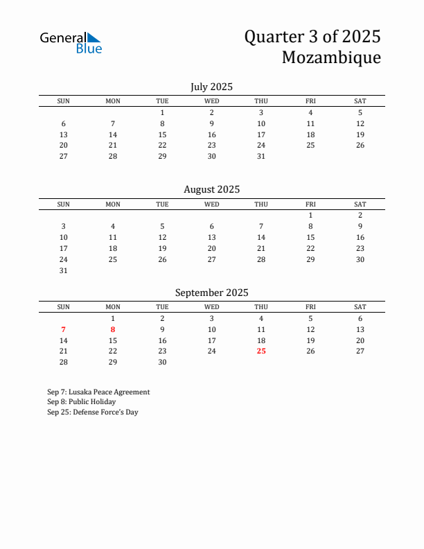 Quarter 3 2025 Mozambique Quarterly Calendar