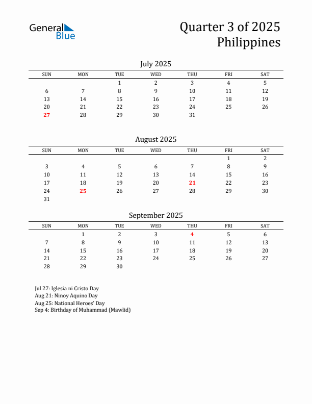 Quarter 3 2025 Philippines Quarterly Calendar