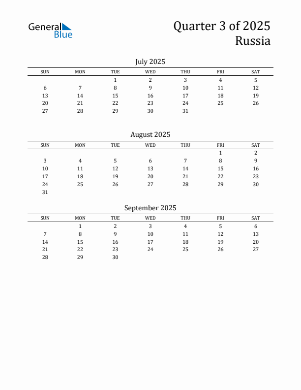 Quarter 3 2025 Russia Quarterly Calendar