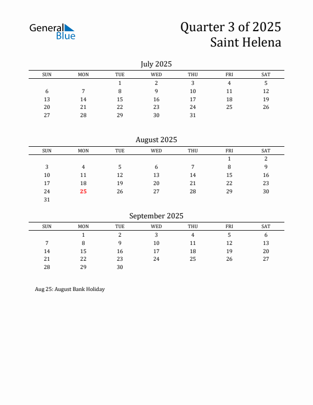 Quarter 3 2025 Saint Helena Quarterly Calendar