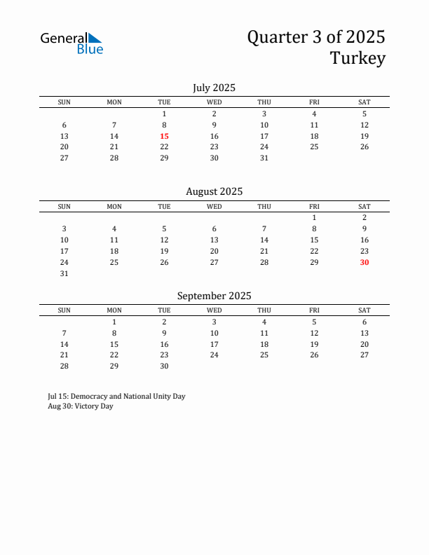 Quarter 3 2025 Turkey Quarterly Calendar