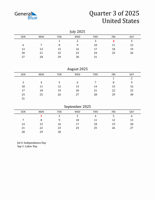 Quarter 3 2025 United States Quarterly Calendar