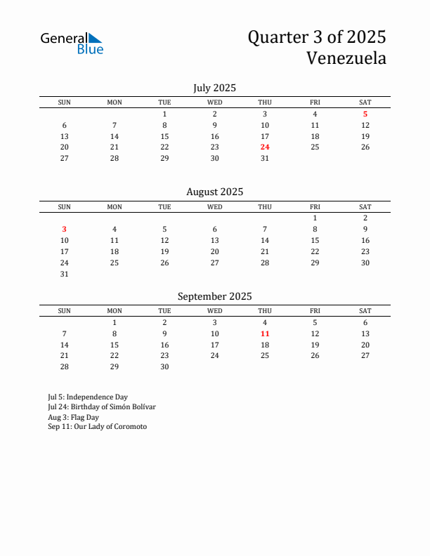 Quarter 3 2025 Venezuela Quarterly Calendar