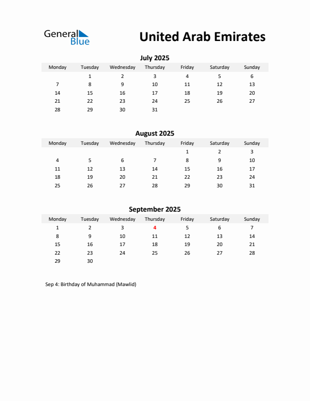 Printable Quarterly Calendar with Notes and United Arab Emirates Holidays- Q3 of 2025