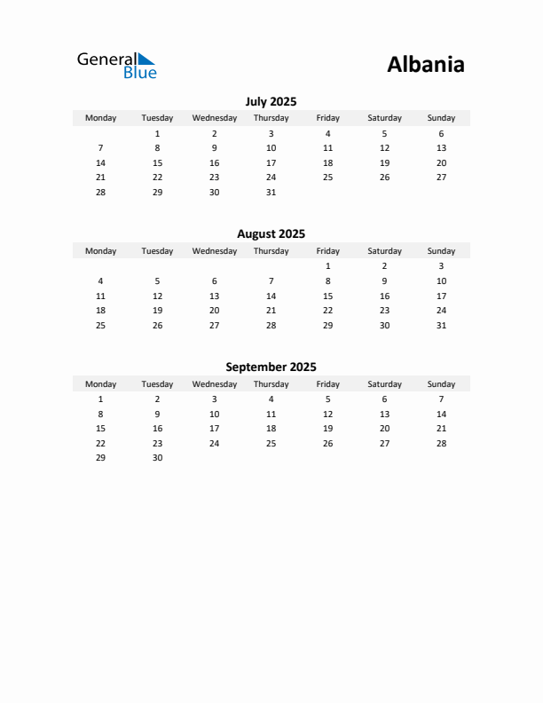 Printable Quarterly Calendar with Notes and Albania Holidays- Q3 of 2025