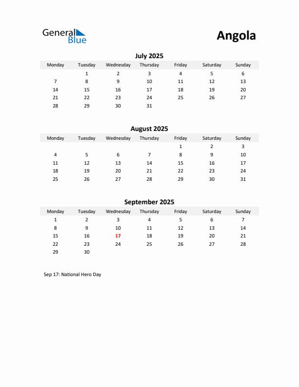 Printable Quarterly Calendar with Notes and Angola Holidays- Q3 of 2025