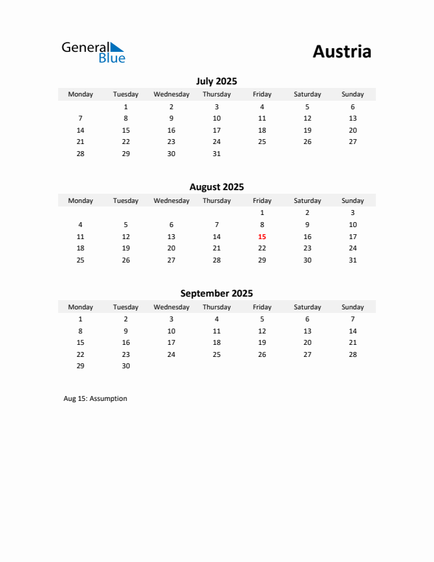 Printable Quarterly Calendar with Notes and Austria Holidays- Q3 of 2025