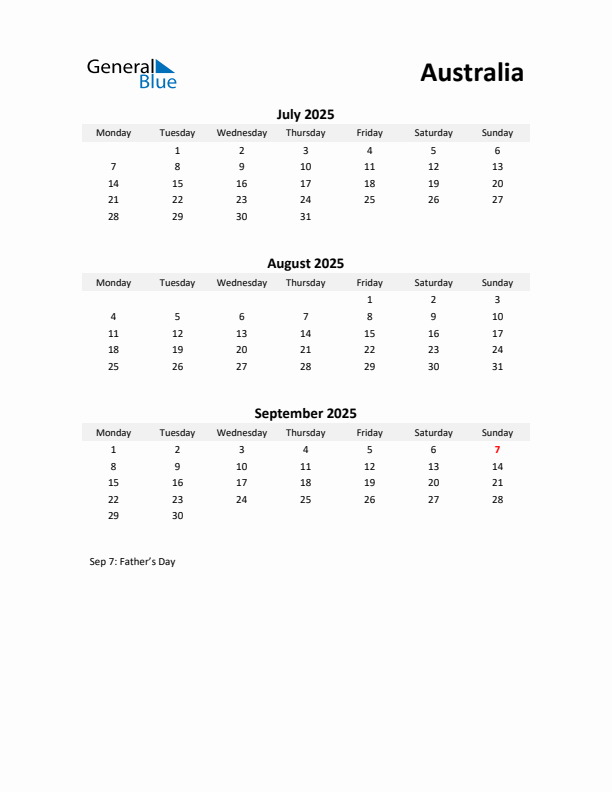 Printable Quarterly Calendar with Notes and Australia Holidays- Q3 of 2025