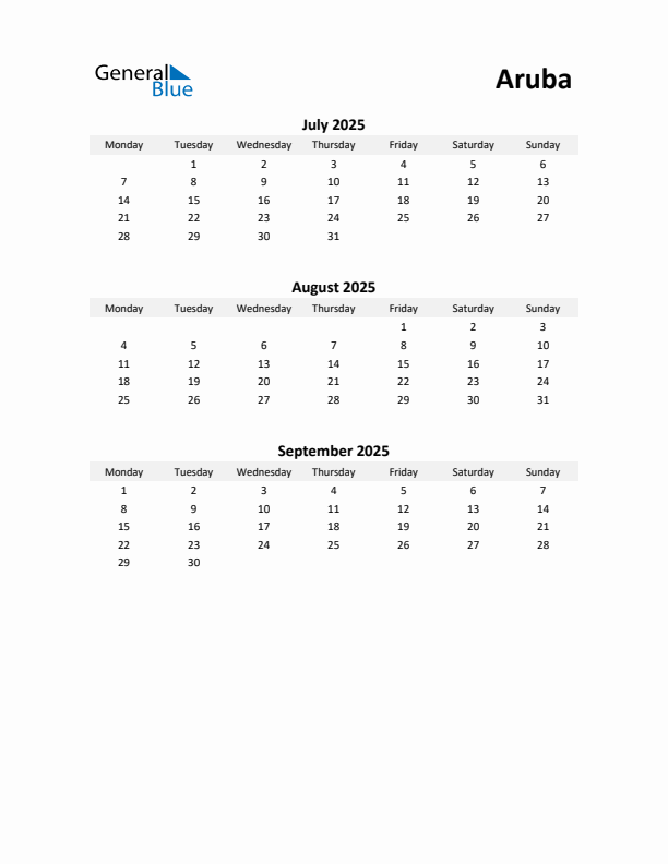 Printable Quarterly Calendar with Notes and Aruba Holidays- Q3 of 2025