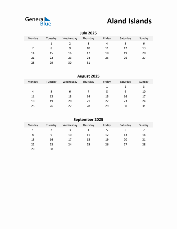 Printable Quarterly Calendar with Notes and Aland Islands Holidays- Q3 of 2025