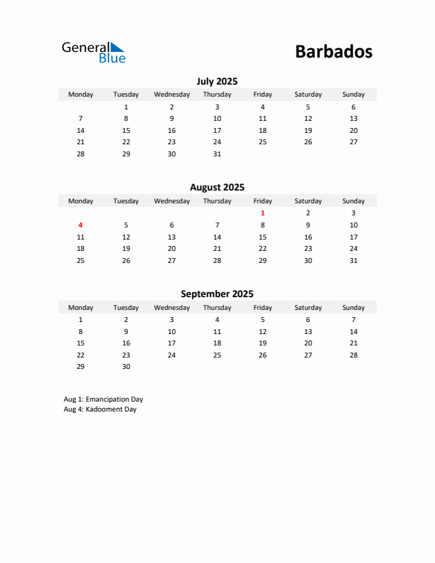 Printable Quarterly Calendar with Notes and Barbados Holidays- Q3 of 2025