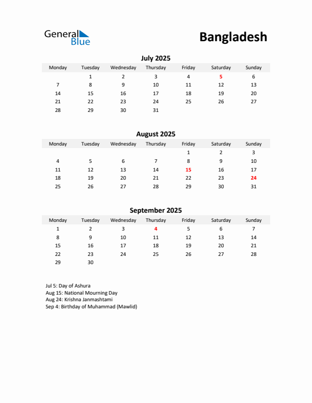 Printable Quarterly Calendar with Notes and Bangladesh Holidays- Q3 of 2025