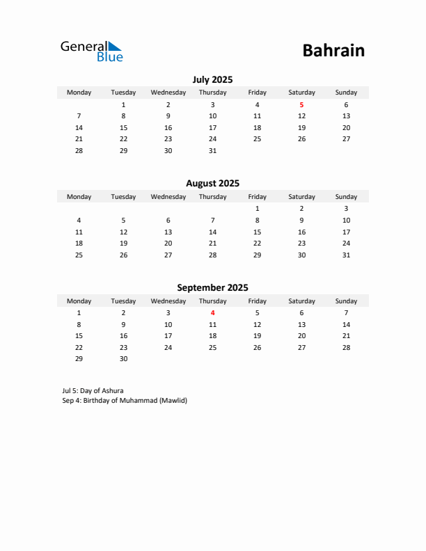 Printable Quarterly Calendar with Notes and Bahrain Holidays- Q3 of 2025