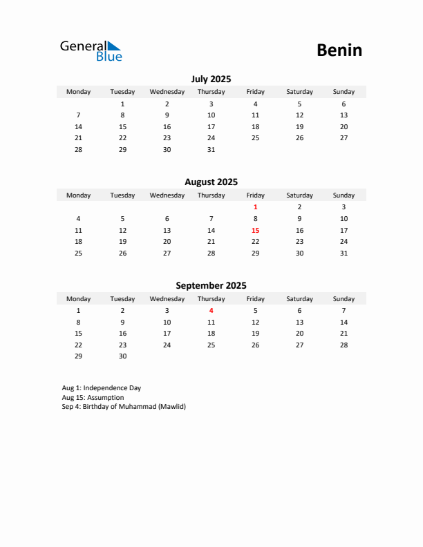 Printable Quarterly Calendar with Notes and Benin Holidays- Q3 of 2025